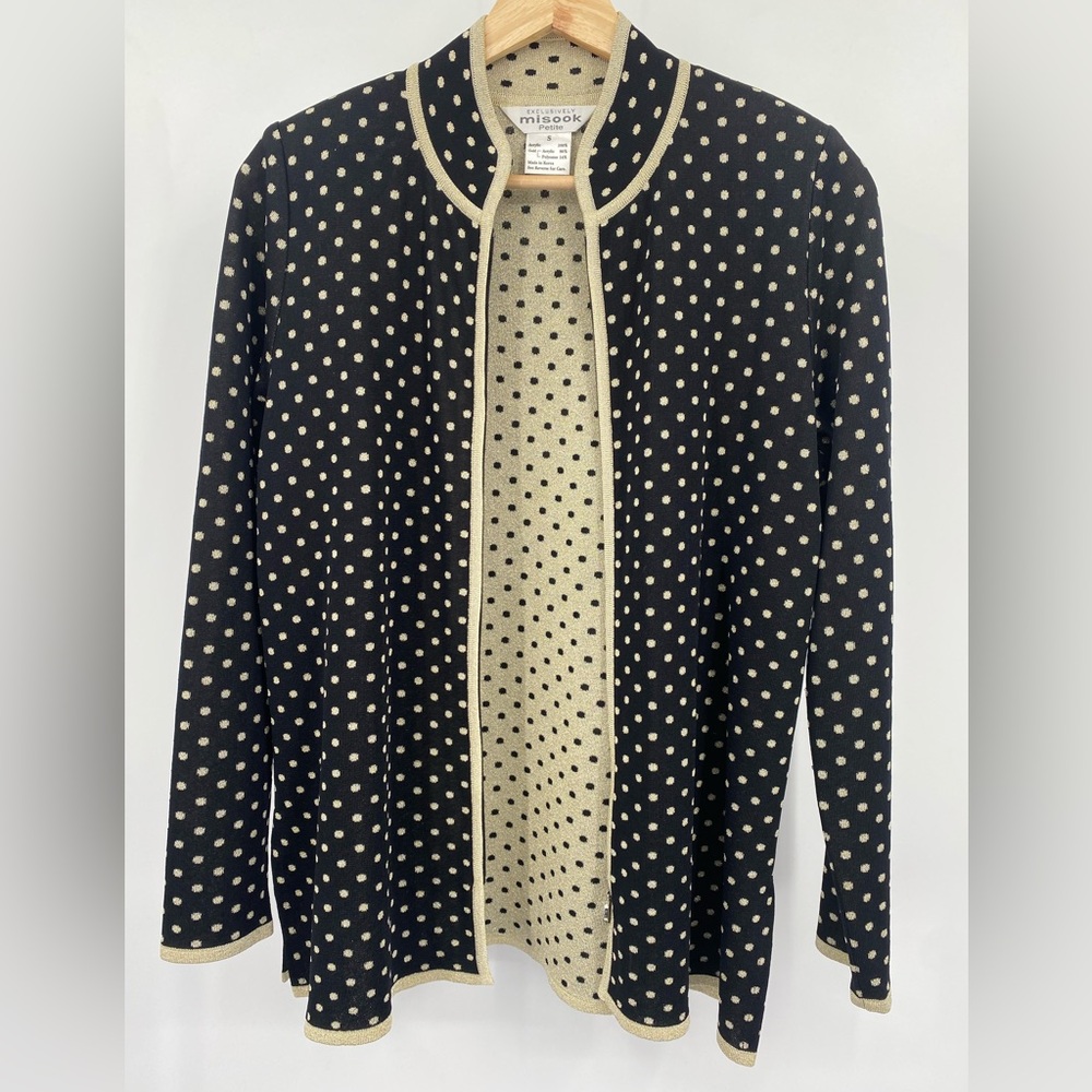 Misook Gold and Black Polka Dot‎ Cardigan Sweater With Shoulder Pads Size Small